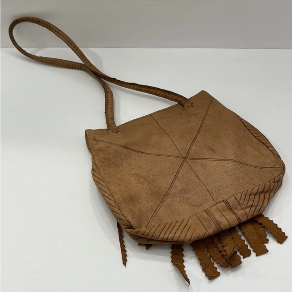 Hippie Boho Y2K Shoulder Bag Purse Fringe Brown Leather Hand Made Painted - Picture 6 of 8
